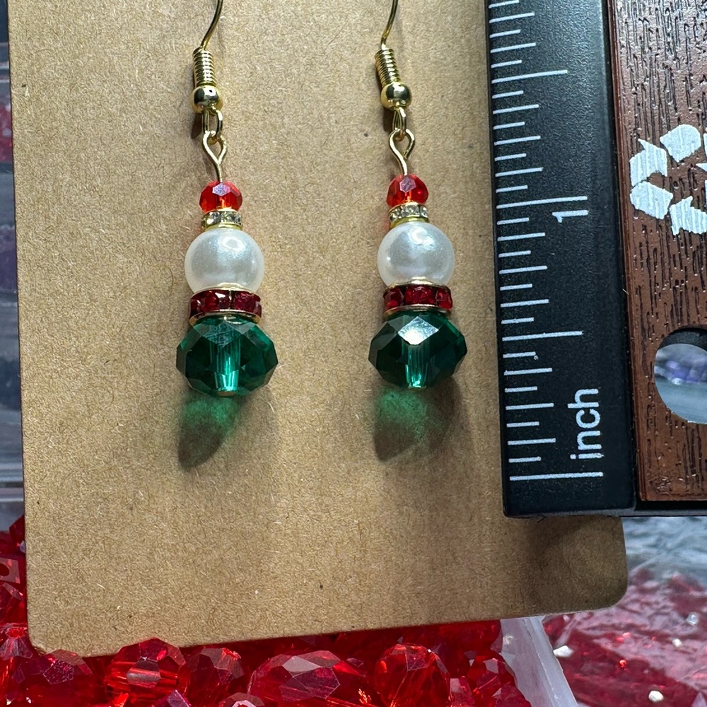 Hand Crafted Green and Red Beaded Earrings